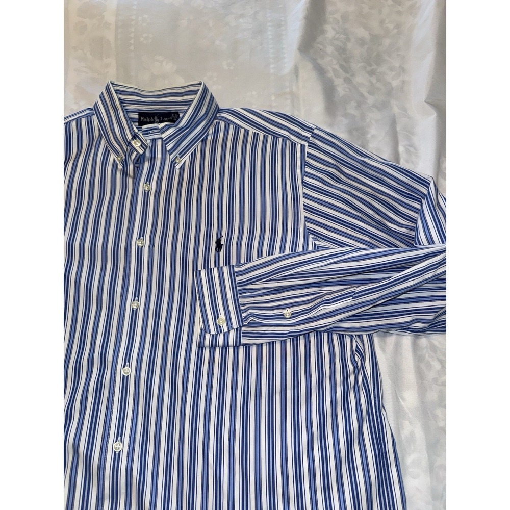 Ralph Lauren Classic Fit Mens XL Blue White Stripe Button Down Shirt Polo